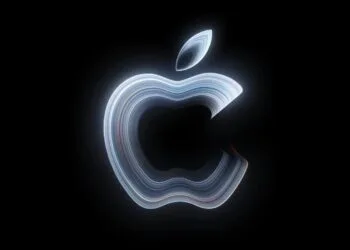 MacBook Pro Touchscreen: leuchtendes Apple-Logo aus geschwungenen Lichtlinien auf schwarzem Hintergrund