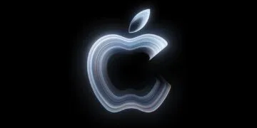 MacBook Pro Touchscreen: leuchtendes Apple-Logo aus geschwungenen Lichtlinien auf schwarzem Hintergrund