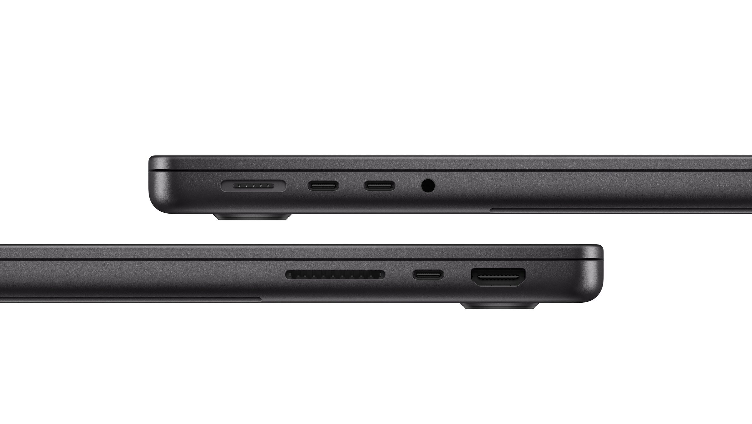 Both sides of the MacBook Pro M6 in space black with MagSafe 3, Thunderbolt ports, headphone jack, SDXC slot and HDMI