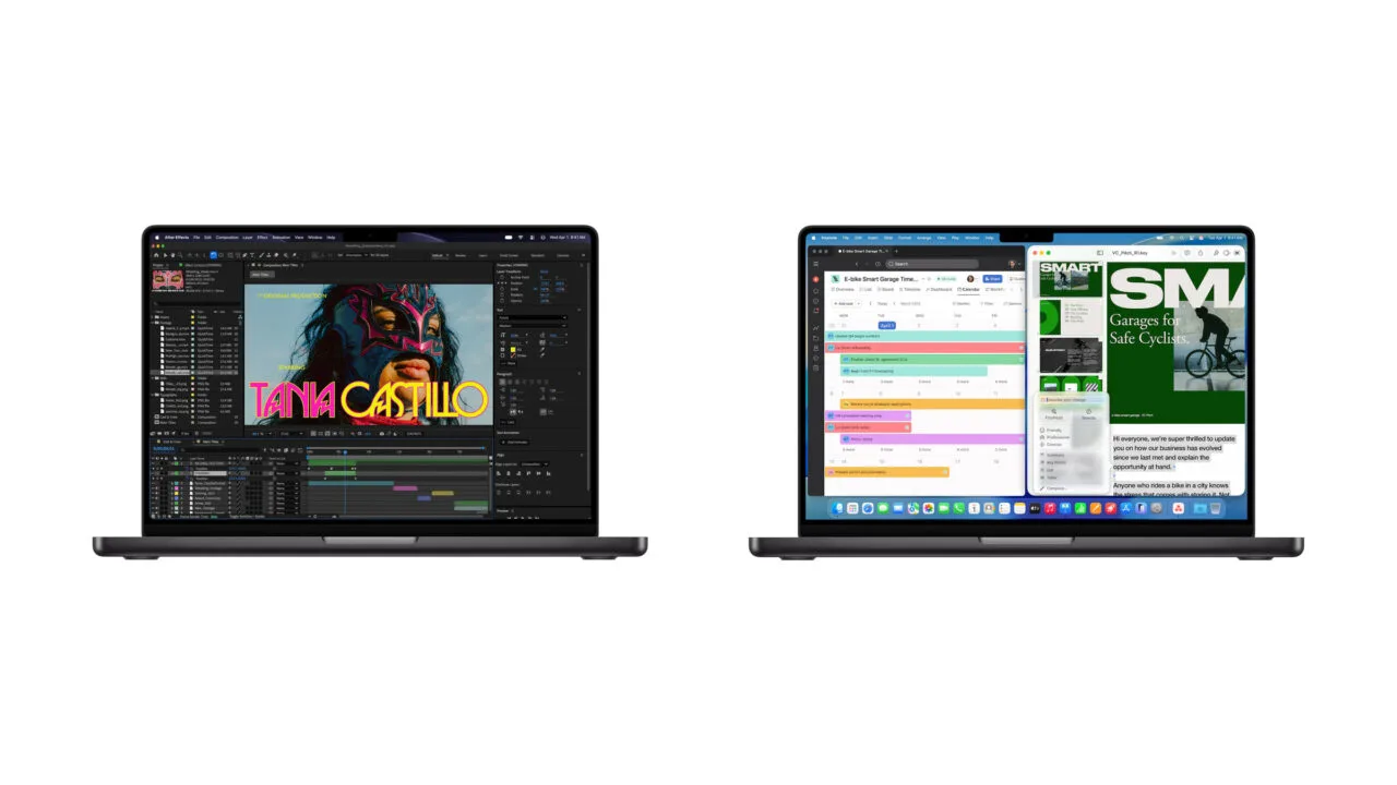 MacBook Pro M6 vs. M5: zwei aufgeklappte 14-Zoll-MacBook-Pro in Space Schwarz nebeneinander, links mit Videobearbeitung, rechts mit Kalender und Präsentation