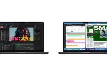 MacBook Pro M6 vs. M5: zwei aufgeklappte 14-Zoll-MacBook-Pro in Space Schwarz nebeneinander, links mit Videobearbeitung, rechts mit Kalender und Präsentation