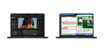MacBook Pro M6 vs. M5: zwei aufgeklappte 14-Zoll-MacBook-Pro in Space Schwarz nebeneinander, links mit Videobearbeitung, rechts mit Kalender und Präsentation