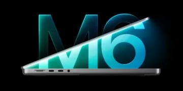 MacBook Pro M6 halb aufgeklappt in der Seitenansicht vor einem leuchtenden M6-Schriftzug auf schwarzem Hintergrund