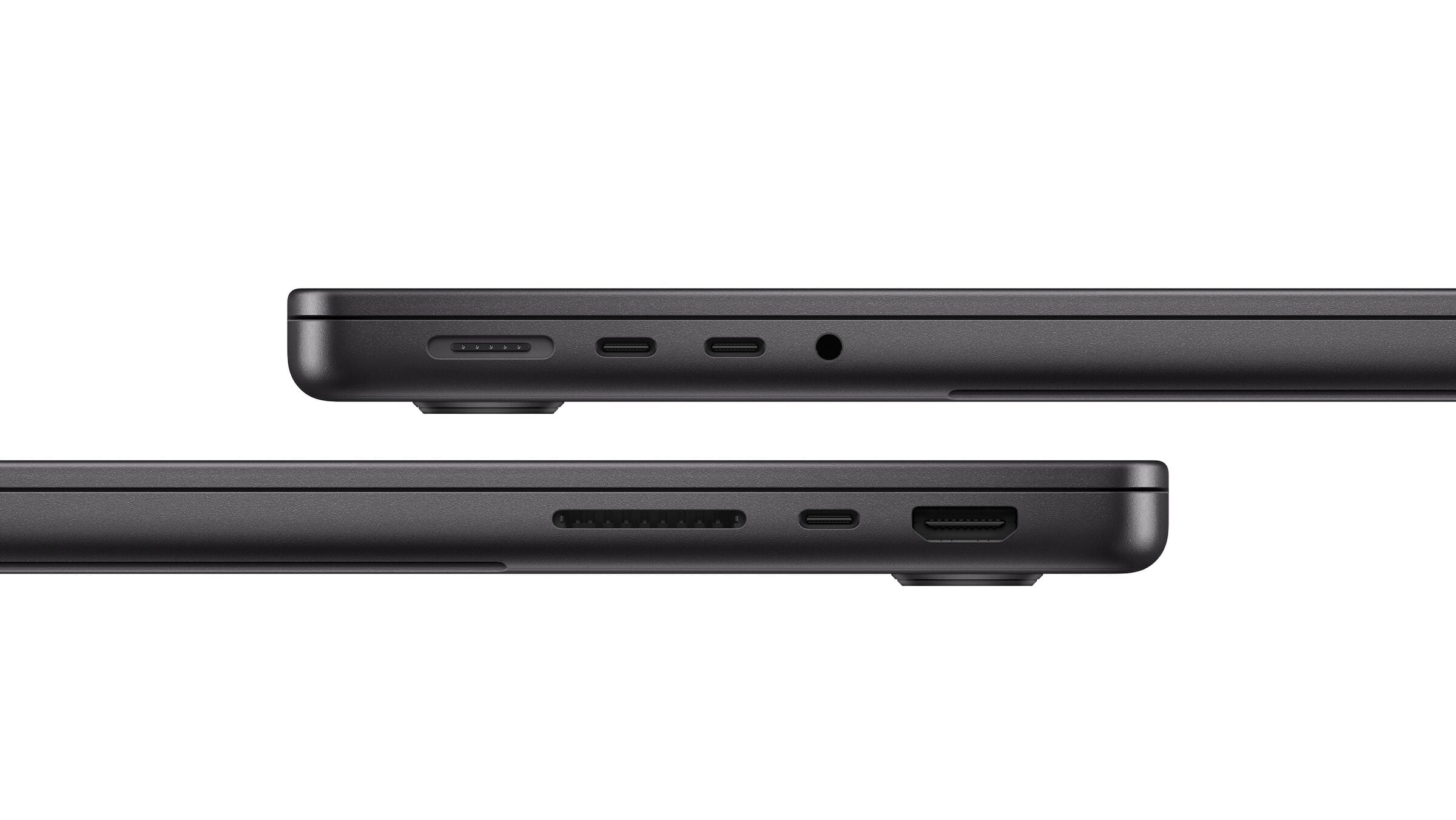MacBook Pro M6 in space black from both sides with MagSafe, USB-C, headphone jack, SDXC slot and HDMI