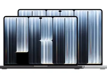 MacBook Pro OLED Prognose: MacBook Pro mit PROLED XDR Display in 14 Zoll in Space Schwarz vor dem 16-Zoll-Modell in Silber, auf beiden Displays eine Dynamic Island