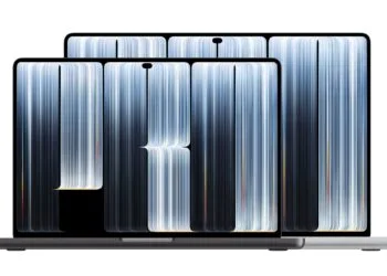 MacBook Pro mit PROLED XDR Display in 14 Zoll in Space Schwarz vor dem 16-Zoll-Modell in Silber, auf beiden Displays eine Dynamic Island