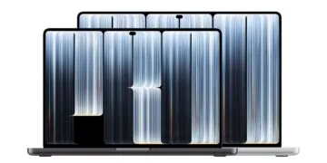 MacBook Pro mit PROLED XDR Display in 14 Zoll in Space Schwarz vor dem 16-Zoll-Modell in Silber, auf beiden Displays eine Dynamic Island