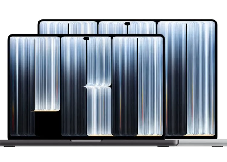 MacBook Pro mit PROLED XDR Display in 14 Zoll in Space Schwarz vor dem 16-Zoll-Modell in Silber, auf beiden Displays eine Dynamic Island