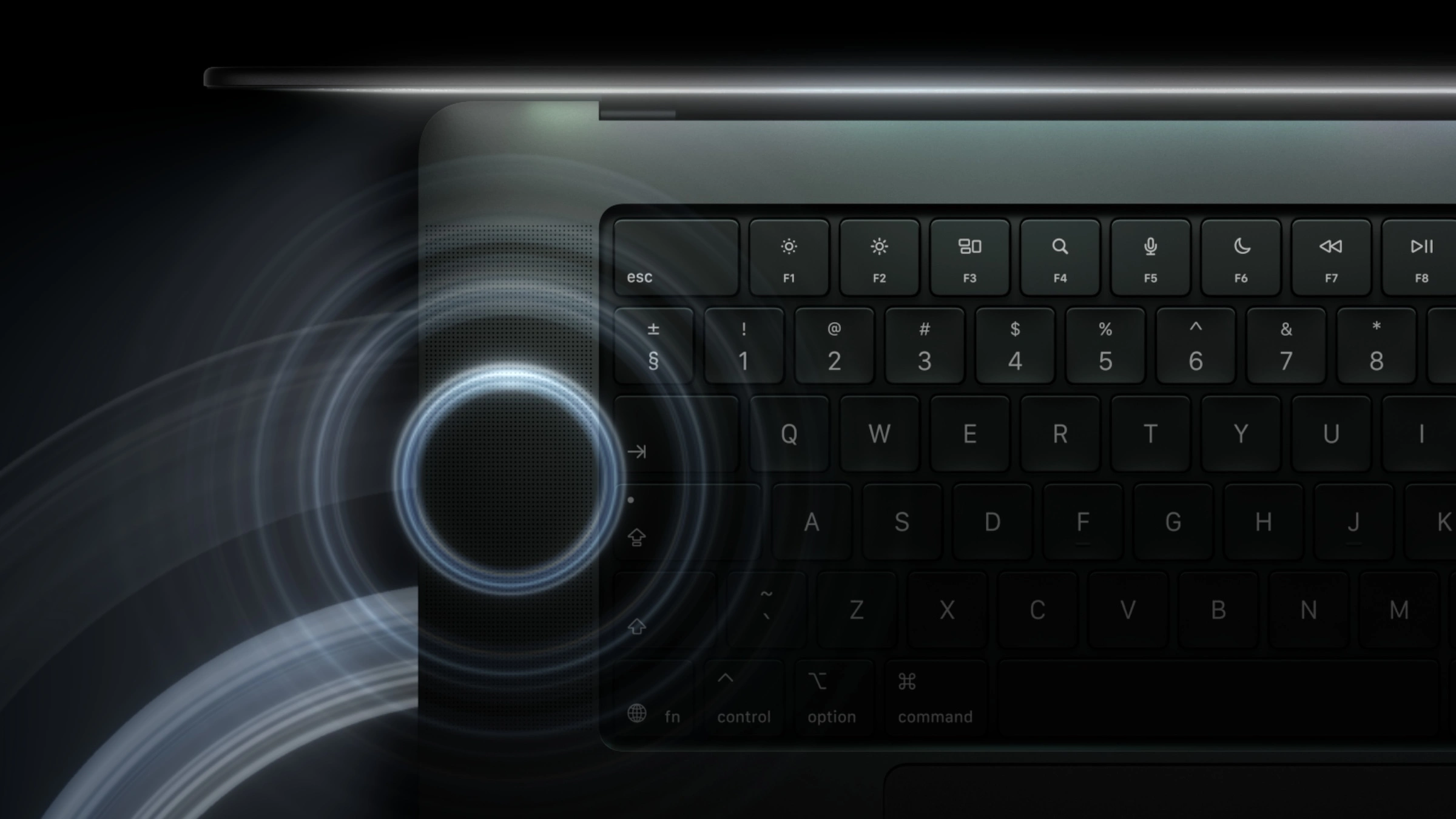 Lautsprechergitter neben der Tastatur des MacBook Pro mit PROLED XDR Display, Schallwellen als Lichtringe dargestellt