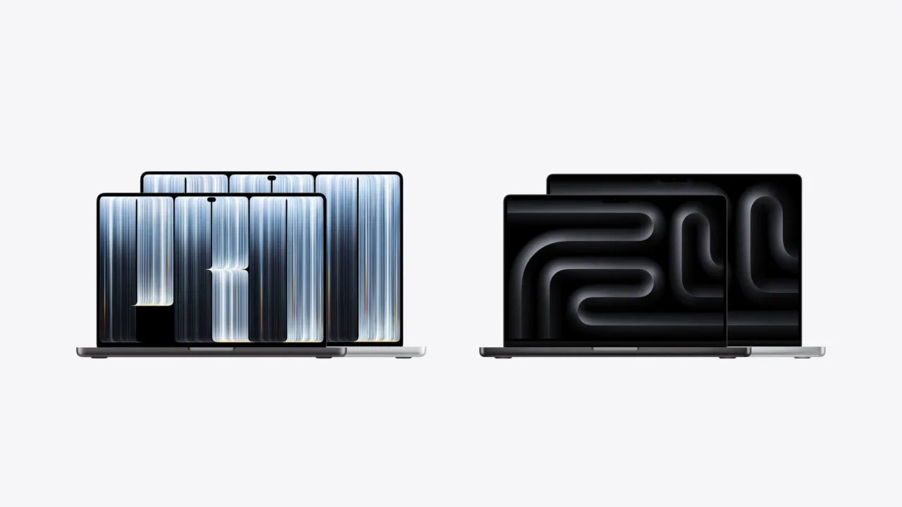 MacBook Pro PROLED XDR vs. Mini-LED: links das MacBook Pro mit PROLED XDR Display, rechts das MacBook Pro mit Mini-LED, jeweils in 14 und 16 Zoll in Space Schwarz und Silber