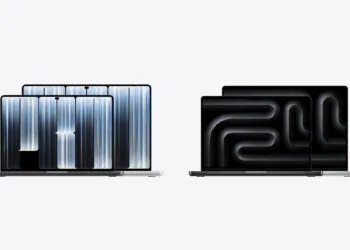 MacBook Pro PROLED XDR vs. Mini-LED: links das MacBook Pro mit PROLED XDR Display, rechts das MacBook Pro mit Mini-LED, jeweils in 14 und 16 Zoll in Space Schwarz und Silber