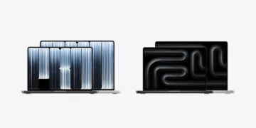 MacBook Pro PROLED XDR vs. Mini-LED: links das MacBook Pro mit PROLED XDR Display, rechts das MacBook Pro mit Mini-LED, jeweils in 14 und 16 Zoll in Space Schwarz und Silber