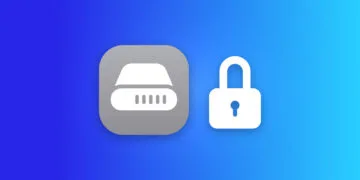 Festplattenvollzugriff am Mac: Apples Symbol der Berechtigung neben einem weißen Vorhängeschloss auf blauem Farbverlauf