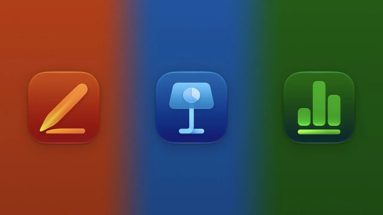 Die Icons von Pages, Keynote und Numbers nebeneinander auf Orange, Blau und Grün zum zurückgezogenen KI-Update für Pages, Keynote und Numbers
