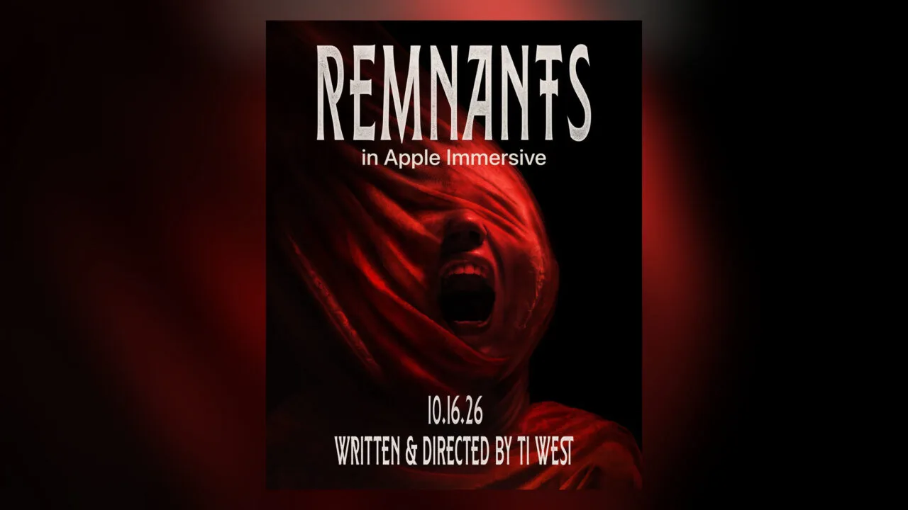Plakat zum Horrorfilm Remnants für die Apple Vision Pro: schreiendes Gesicht unter einem roten Tuch vor schwarzem Hintergrund