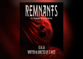 Plakat zum Horrorfilm Remnants für die Apple Vision Pro: schreiendes Gesicht unter einem roten Tuch vor schwarzem Hintergrund