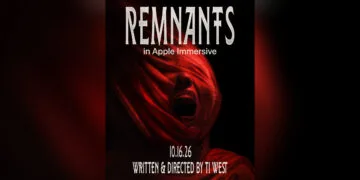 Plakat zum Horrorfilm Remnants für die Apple Vision Pro: schreiendes Gesicht unter einem roten Tuch vor schwarzem Hintergrund