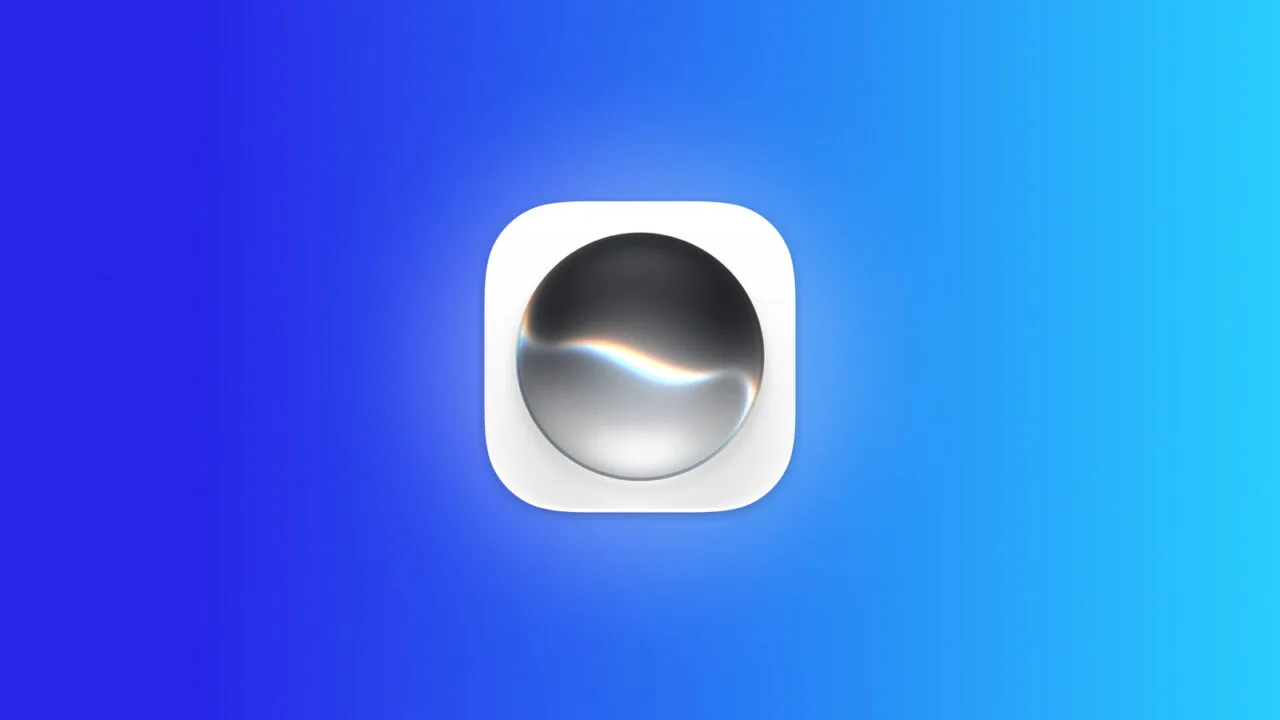 Siri AI: App-Icon von Siri mit silbern-schwarzer Kugel und Lichtwelle auf weißer Kachel vor blauem Farbverlauf